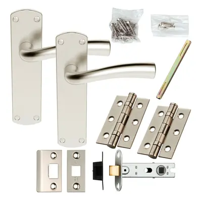 Door Handle & Latch Pack Satin Chrome Chunky Curved Lever Rounded Backplate