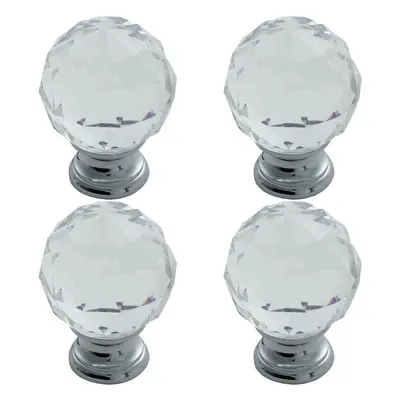 4x Faceted Crystal Cupboard Door Knob 40mm Dia Polished Chrome Cabinet Handle