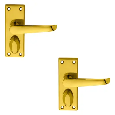 2x PAIR Straight Handle on Short Privacy Backplate x 42mm Polished Brass