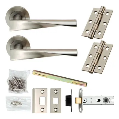 Door Handle & Latch Pack Satin Steel Angular Twist Lever Screwless Round Rose