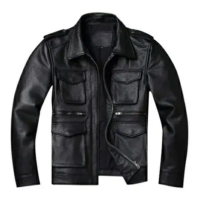 (black, M) Chinese Size Vintage Red Brown Genuine Leather Jacket Men Soft Real Cowhide Black Win