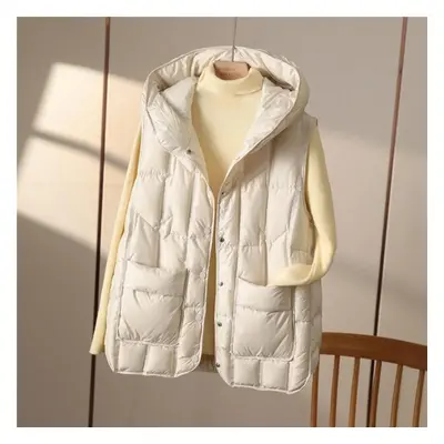 (beige, L) Autumn Winter Warm Waistcoat Ladies Sleeveless Hooded Down Cotton Coats Women Outerwe