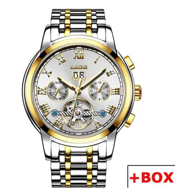 (Gold White) LIGE New Mechanical Men Watches Top Brand Luxury Business Watch Tourbillon Automati