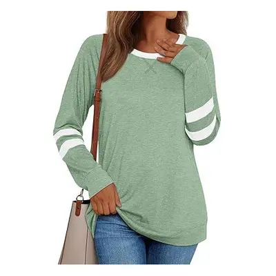 (L, green) Women's Long Sleeved Shirt Spicy Girl Casual Round Neck Color Blocked Top Fashionable