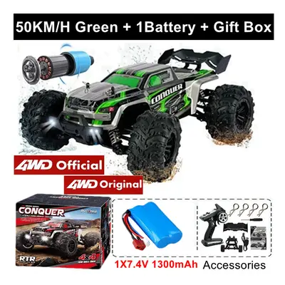 (50KM Green 1Battery) 4WD 1:16 Super Brushless Brushed RC Car 4x4 Off Road Remote Control High S