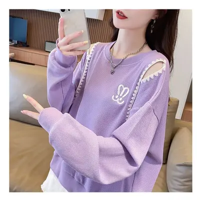 (PURPLE, L) New Korean Off Shoulder Loose Short T Shirts Spring Autumn Long Sleeve Solid Hollow 