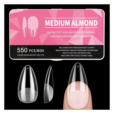 Medium Almond Nail Tips, 550Pcs Soft Gel Nail Tips, Sizes Full Cover Clear Nail Tips for Nail Te