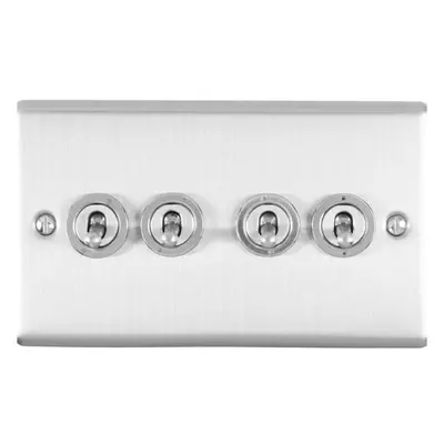 4 Gang Quad Retro Toggle Light Switch SATIN STEEL 10A Way Lever Wall Plate