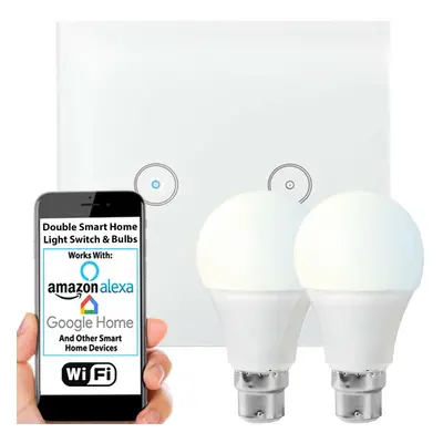 WiFi Light Switch & Bulb 2x 10W B22 Cool White Lamp & Double Wireless Wall Plate