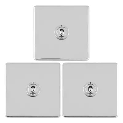 3 PACK Gang Single Retro Toggle Light Switch SCREWLESS CHROME 10A Way Plate