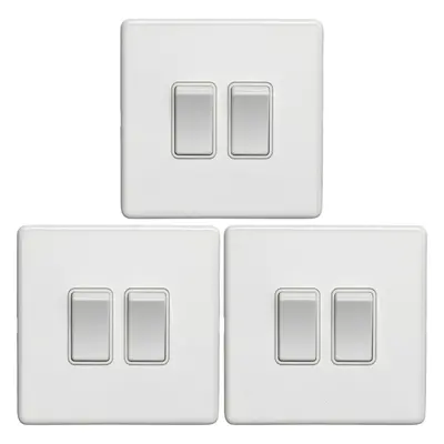 3 PACK Gang Double Light Switch SCREWLESS MATT WHITE Way 10A Slim Rocker