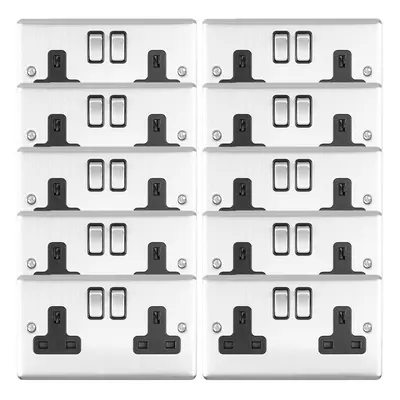 10 PACK Gang Double UK Plug Socket SATIN STEEL & Black 13A Switched Outlet