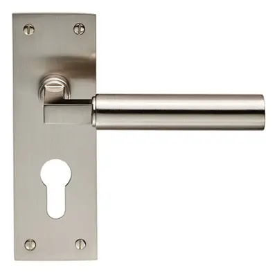 PAIR Round Bar Handle on Slim Euro Lock Backplate x 50mm Satin Nickel