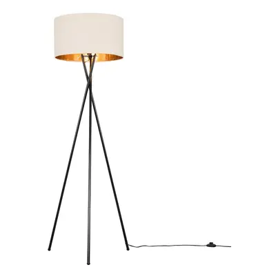 Modern Gloss Black Metal Tripod Floor Lamp with a Beige & Gold Cylinder Shade