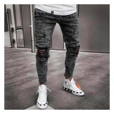 (black, M) Men&apos;s Broken Jeans Stretch Denim Leggings Men&apos;s New Straight Broken Trouser