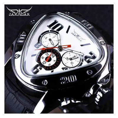 (white) Jaragar Sport Racing Design Geometric Triangle Pilot Genuine Leather Men Mechanical Watc