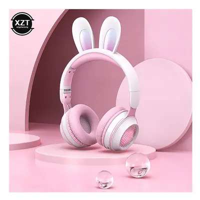 (Pink white) Cute Cartoon Rabbit Ear Wireless headphones with Microphone Stereo Music