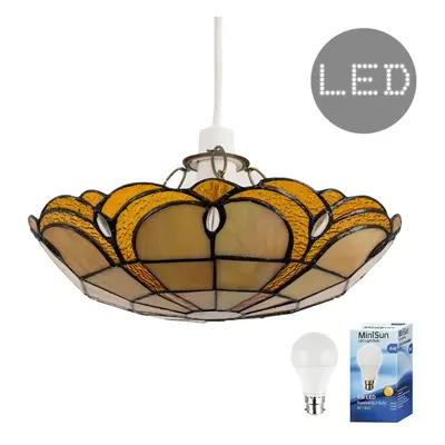 Tiffany Style Amber Jewelled Glass Uplighter Design Ceiling Pendant Light Shade - Complete with 