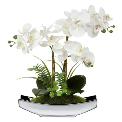 (Silver Pot, White) 15" Artificial Phalaenopsis Flowers Arrangement Artificial Orchid Bonsai in 