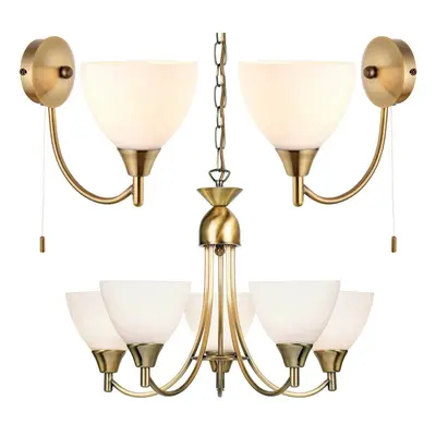 5 Lamp Ceiling & 2x Wall Light Pack Antique Brass Glass Matching Indoor Fittings