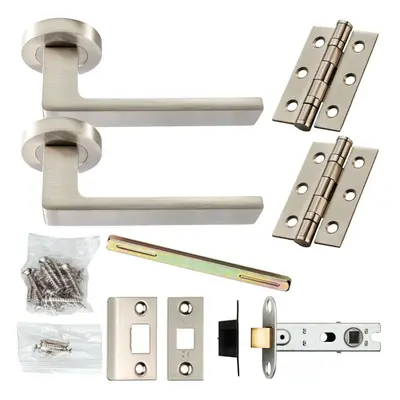 Door Handle & Latch Pack Satin Nickel Straight Square Bar Screwless Round Rose