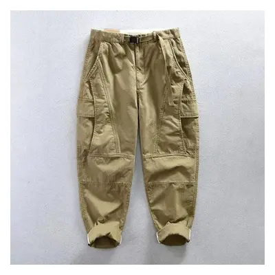 (khaki, XXXXL) Autumn 100% Cotton Retro Cargo Pants Men Clothing Multi-pockets Daily Joggers Men