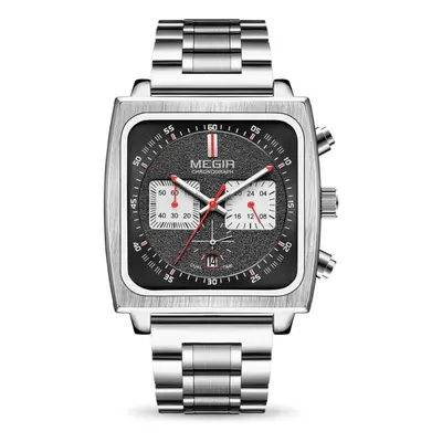 (Silver Black) MEGIR Men&apos;s Rectangle Business Work Analogue Quartz Chronograph Luminous Spo