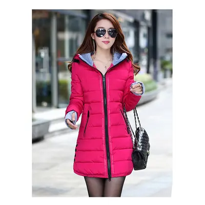 (RoseRed, 2XL) Autumn Winter Clothes Women Down Cotton Fashion Ladies Hooded Coat Female Mediulo