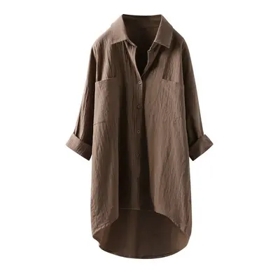 (Khaki, M) Casual Long Shirt Spring Summer Korean Fashion Pocket Splic Single Breasted Irregular