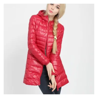 (red, S) Ladies Long Winter Warm Coat Women Ultra Light White Duck Down Jacket With Bag Women Ja