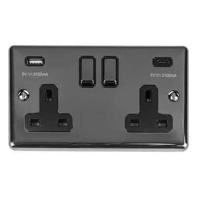 2 Gang Double UK Plug Socket & Dual 3.1A USB-C USB-A BLACK NICKEL 13A Switched