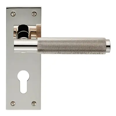 PAIR Knurled Round Lever on Slim Euro Lock Backplate x 50mm Polished Nickel