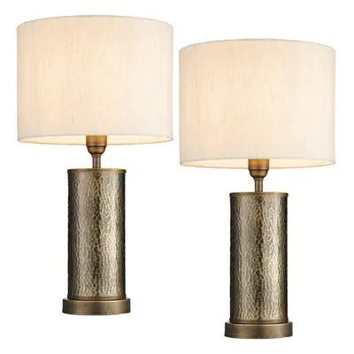 2 PACK Hammered Bronze Table Lamp Aged Metal & Off White Shade Bedside Light