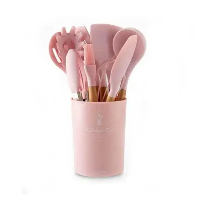 (pink) 11pcs Cooking Tool Set Silicone Kitchen Utensils Set Non-stick Spatula Shovel Wooden Hand