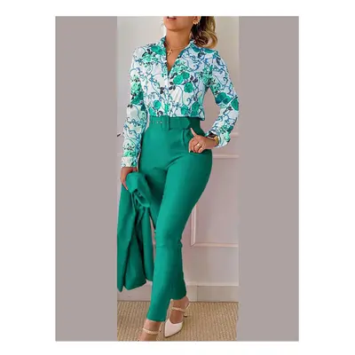 (green, XXL) Women's Printed Long Sleeved Shirt Suit Spring Summer Slim High Waist Lace Up Elega