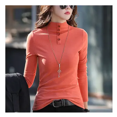 (ORANGE RED, XL) #0327 Half High Collar T Shirt Women Solid Color Slim Elegant Long Sleeve T Shi