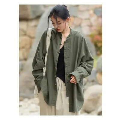 (One Size, green) Johnature Women Chinese Style Linen Shirts Tops Stand Long Sleeve Blouses Spri