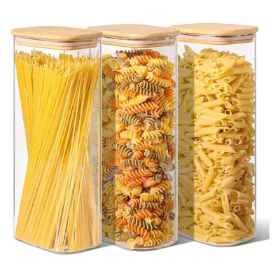 (2100ml-3Pcs) 2100ml Rectangle Glass Storage Containers with Lids, Glass Jars with Bamboo Lids