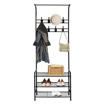 (Black) Track stand with shoes and removable hooks Freestanding hallway tree Matt steel frame Ha