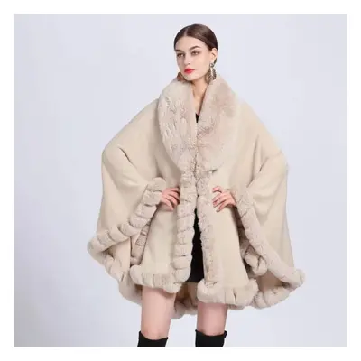 (beige, One size) Elegant V Lapel Faux Rex Rabbit Fur Coat Cape Winter Women Big Long Shawl Full