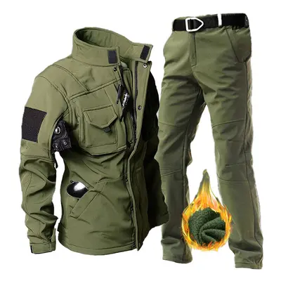 (Green set, 70-78kg) Military Fleece Warm Sets Men Shark Skin Soft Shell Tactical Jacket+Army Ca