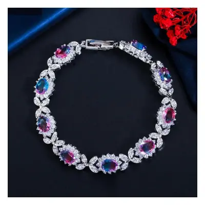 (blue,purple) Wwj Rainbow Mystical Cubic Zirconia Leaf Design Tennis Bracelet For Women