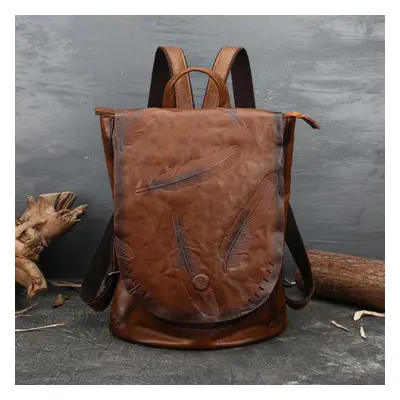 (brown, 27cm*15cm*37cm) Genuine Leather Feather Embossing Backpack Cow Leather Vintage Women Bac