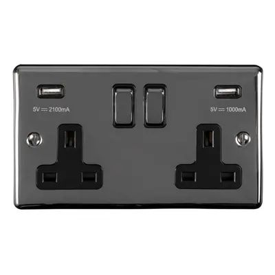 2 Gang Single UK Plug Socket & Dual 2.1A USB BLACK NICKEL & Black 13A Switched