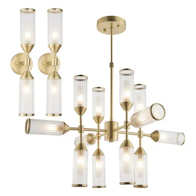 Satin Brass & Frosted Ribbed Glass Ceiling Pendant & 2x Wall Light Bundle