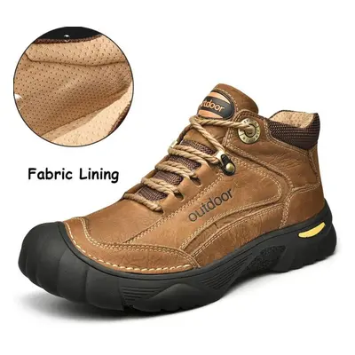 (light brown, 45) Men&apos;s Cowhide Snow Boots Outdoor Non-slip Sports Ankle Boots Thickened Mo