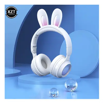 (WHITE) New Wireless Earphones RGB Rabbit Ears Headset with Mic Cute Girls Music