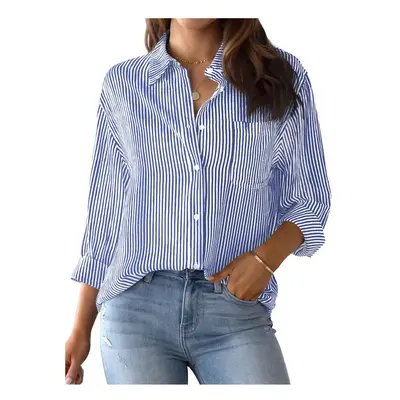 (B25SHH01517309, M) Women's Shirt Blouse Pink Striped classic Print,Button Long Sleeve Casual No