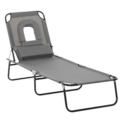 Outsunny Folding Sun Lounger Reclining Chair w/ Pillow Reading Hole Grey