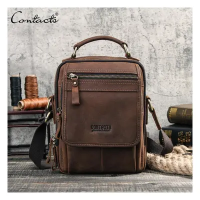 (coffee) Contact&apos;s Crazy Horse Leather Men Messenger Bag Vintage Man Handbags For 7.9 Ipad 